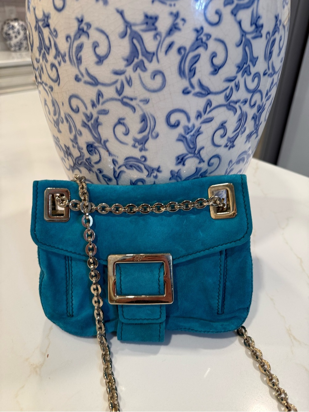 Roger Vivier Teal Suede Mini Chain Crossbody